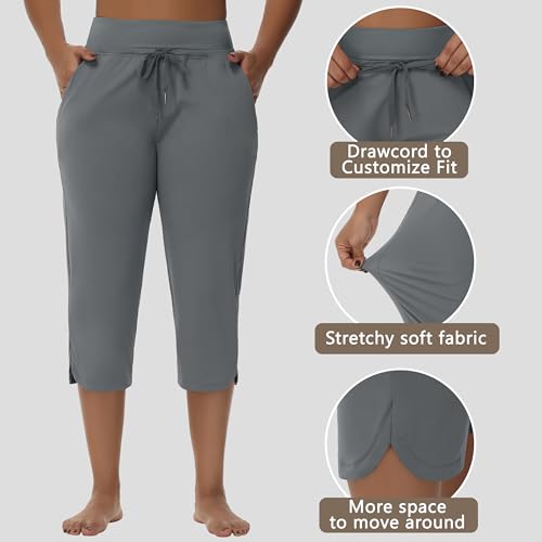 Women's Swim Capris Long Shorts - Quick Dry, UPF 50+ Lightweight, Zipper Pockets - Dark Gray, Large