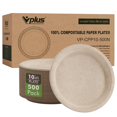 Vplus 500 Pack Compostable 10.25 Inch Sugarcane Fiber Plates - Nature | Bulk Eco-Friendly Dinnerware