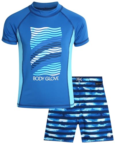 Body Glove Boys 2-Piece Swim Set Rash Guard & Trunks - Blue Waves, Size 4-12