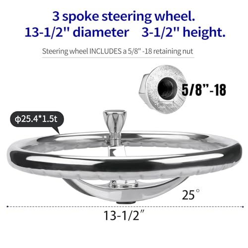 Marine Stainless Steel Boat Steering Wheel 13.5 Inch with 3 Spokes & Nut - SeaStar & Verado Compatible