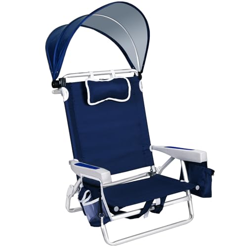 Romswi Navy Blue Extra Wide Beach Chair with Canopy & Cooler Bag - Foldable, Adjustable, 5-Position Recline