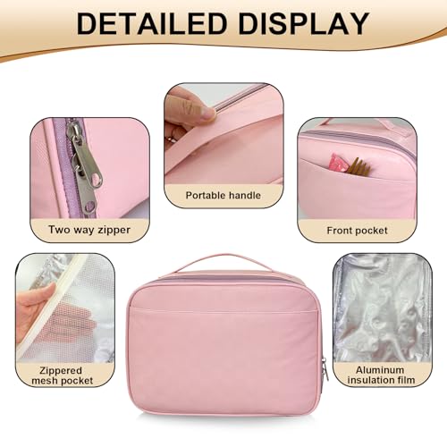 Pink PU Leather Lunch Bag for Women Men Reusable Insulated Cooler Tote