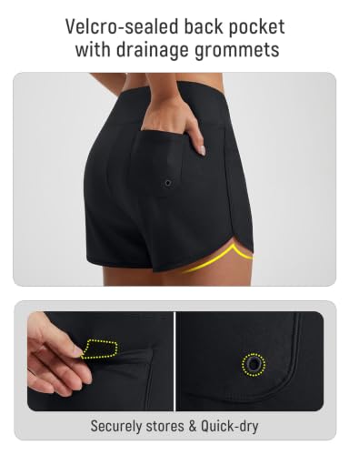 Women's 3-Inch Swim Shorts with Velcro Pockets - Medium Black