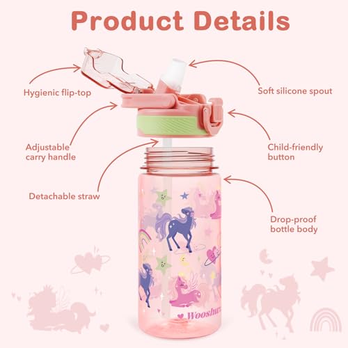 Kids 16 oz Water Bottle with Straw for School - Unicorn Variation