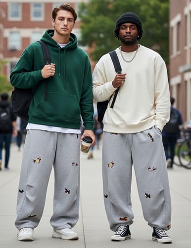 Vamtac X-Small Gray Embroidery Puppy Baggy Sweatpants - Wide Leg Casual Drawstring Unisex Y2K Style