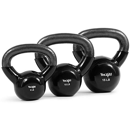 Vinyl Kettlebell Set 5 10 15 lbs - Durable Flat Bottom Workout Weights