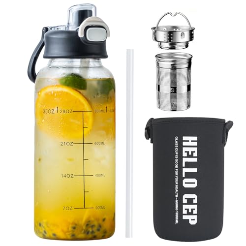 35oz Glass Water Bottle with Time Marker, Straw & Tea Infuser - BPA-Free & Leakproof, Includes Protective Sleeve - 1PCS