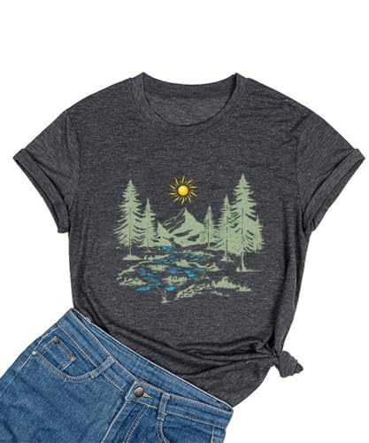 Women’s Hiking Shirt Large Dark Gray Funny Nature Sunrise Mountain Graphic Tee