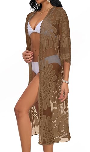 Women's Lace Beach Coverup Kimono Cardigan - One Size Brown