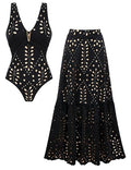 FLAXMAKER Black One-Piece V-Neck Laser Cut Flower Swimsuit & Skirt, Large