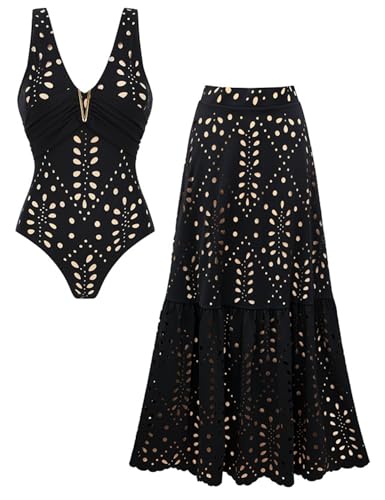 FLAXMAKER Black One-Piece V-Neck Laser Cut Flower Swimsuit & Skirt, Large