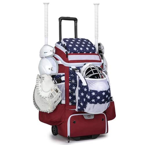 KAVIGOR Red, White & Blue Catchers Gear Bag with Wheels - 90L Baseball Softball Equipment Carrier for 2 Sets
