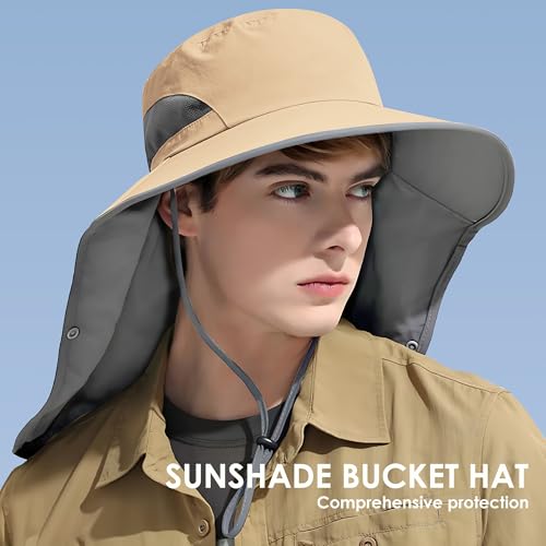 Outdoor Sun Hat with Detachable Neck Face Flap UPF 50+ UV Protection - One Size Khaki