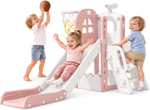 Babytronic Pink & Gray 6-in-1 Toddler Indoor & Outdoor Playground Slide for Kids 1-3