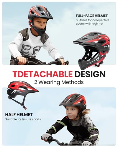 Kids Full Face Bike Helmet - Lightweight, Detachable Chin Guard, Red, S