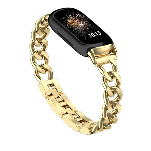 Gold Metal Chain Band Compatible with Fitbit Inspire 3 Adjustable Stainless Steel Strap for Women Men