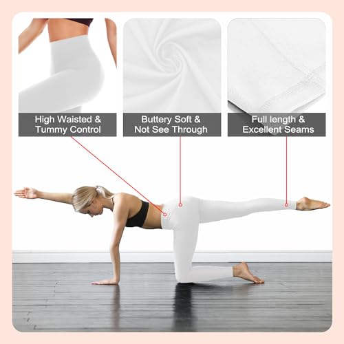 High Waist Leggings for Women - Tummy Control Yoga Pants, Full Length, Small-Medium, White