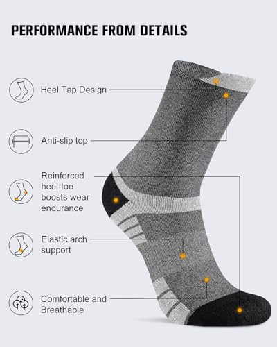 Men's Cotton Work Boot Socks 6 Pairs - Black, White, Grey, Size 9-12