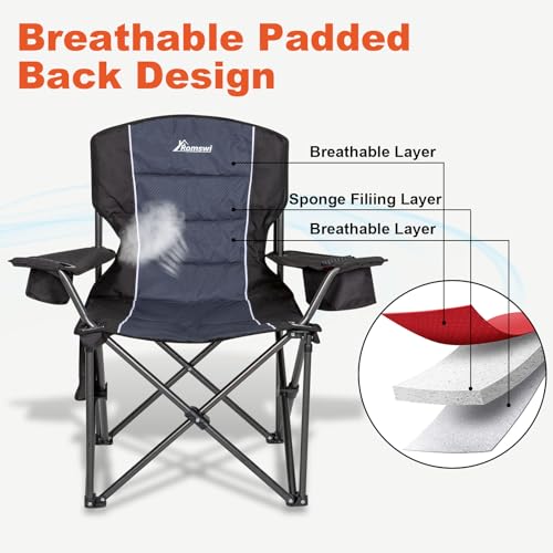 Romswi XL Oversized Camping Chairs 500LBS Support Folding Outdoor Chairs with Cooler Bag & Cup Holder, Black 2-Pack