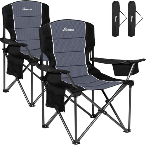 Romswi XL Oversized Camping Chairs 500LBS Support Folding Outdoor Chairs with Cooler Bag & Cup Holder, Black 2-Pack