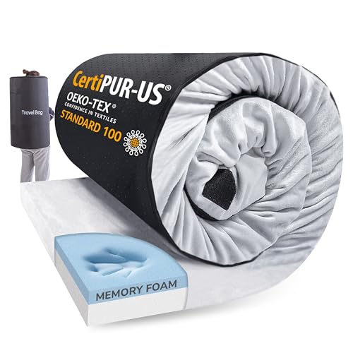 Small Portable Memory Foam Camping Mattress 72x24 Inch with Waterproof Non-Slip Bottom - Grey, Roll-Up Sleep Pad with Travel Bag - Cot Variation