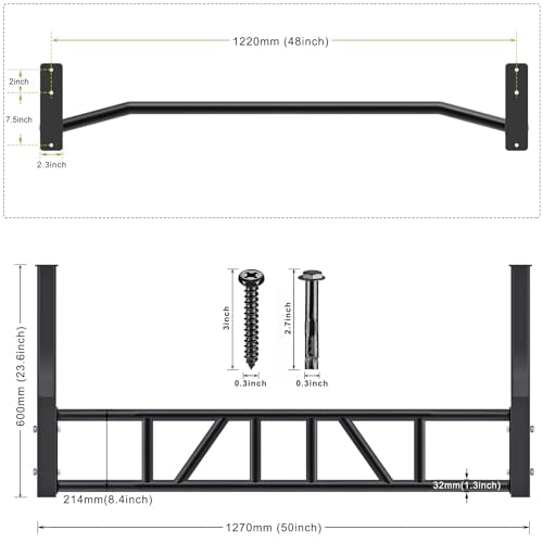 SELEWARE 48" Heavy Duty Wall Mount Pull Up Bar with Hangers - Black Variant B
