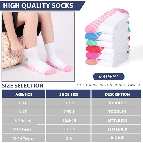 Girls Crew Socks 7-10 Years - Kids Athletic Socks for Girls 1-14 Years - White