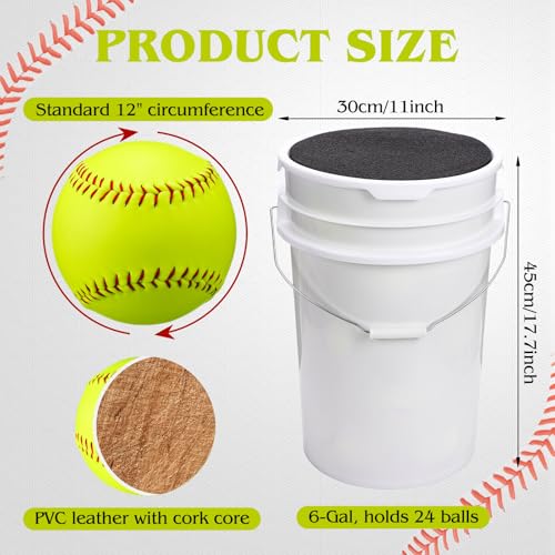 12-Inch Practice Softballs Set with Bucket - Yellow Leather Cover, Fastpitch & Slowpitch, 24 Balls