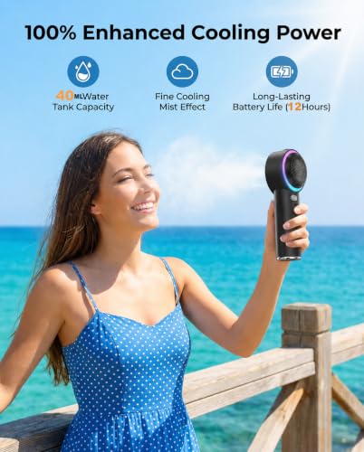 White Handheld Fan with Mist & AC-Level Ice Cooling - Portable, 1-199 Speed
