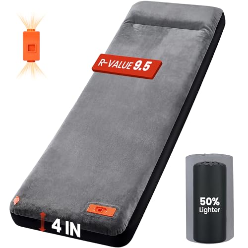 Self Inflating Sleeping Pad with Electric Pump - 4 Inch Thick Foam Mattress for Camping, Car, Home, 9.5 R-Value