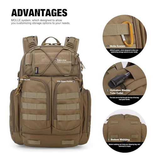 40L Military Tactical Backpack Khaki, Molle Assault Pack for Outdoor Use
