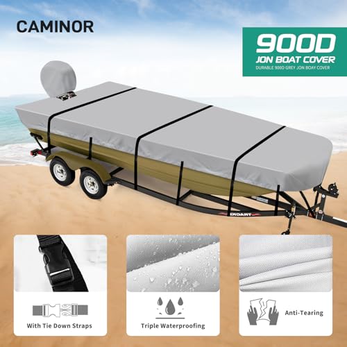 Caminor 14ft Heavy Duty Waterproof Jon Boat Cover with Motor Cover, Gray, B Fits Up to 14ft & 70" Wide