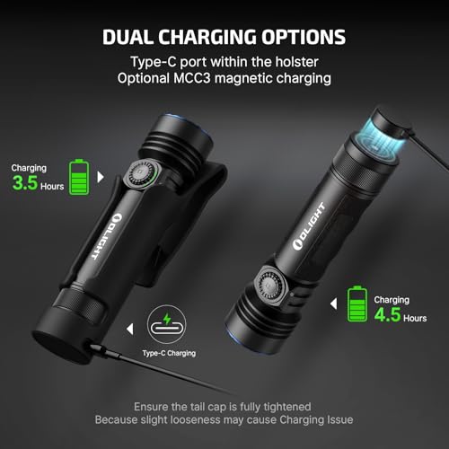 Rechargeable LED Flashlight with Holster – High Lumens, Waterproof, Black, Variations of Cool White