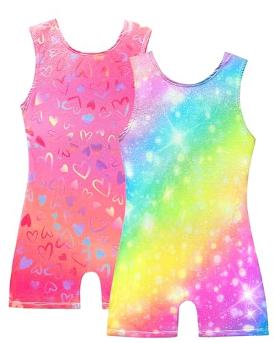 Girls Shiny Gymnastics Leotard Unitard with Love Heart & Rainbow Pattern 4-5T - Toddler Tumbling Dancewear