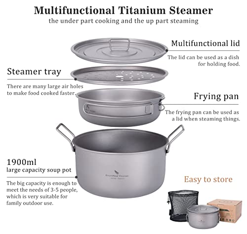 Boundless Voyage 1900ML Titanium Camping Steamer Pot with Frying Pan & Vented Lid