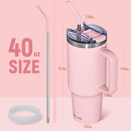 Pink 40 oz Insulated Stainless Steel Travel Mug with Handle & Straw Lid