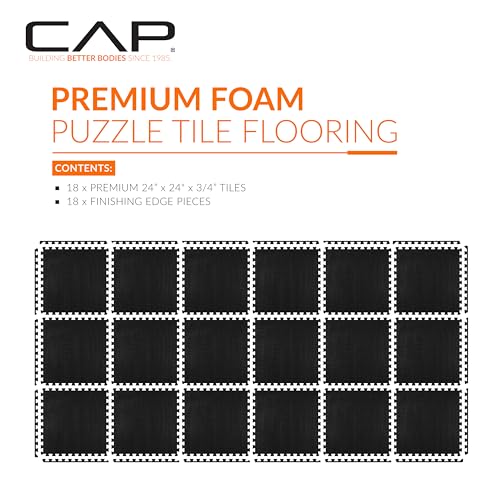 CAP 24-Inch Interlocking EVA Foam Puzzle Exercise Mat Set - 18 Tiles, 72 sq ft, Black, 3/4-Inch Thick