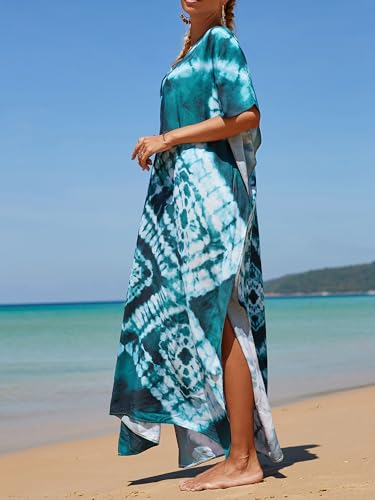 Turquoise Geometric Tie Dye Kaftan Dress - Plus Size Beach Cover Up