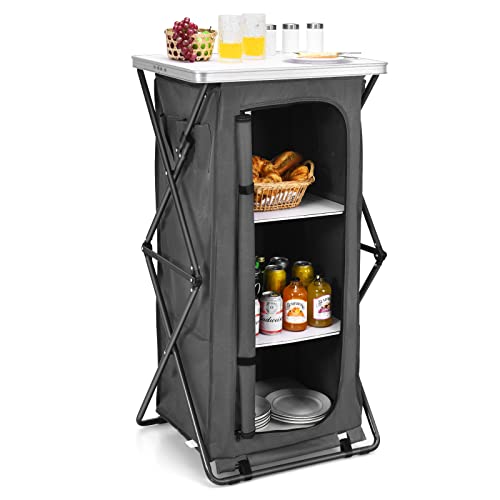 Grey 47-Inch Folding Camping Storage Cabinet with 3 Shelves and Carry Bag