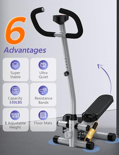 Amicus Gray Mini Stepper with Handlebar, 330lbs Capacity, Quiet Exercise Machine