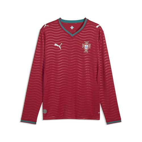 PUMA Men's 2026 Portugal Home Long Sleeve Replica Soccer Jersey - Club Red-Green Lagoon, XL