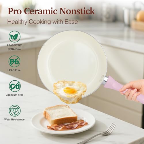 Pink Ceramic Non-Stick Pots and Pans Set 11pcs - M MELENTA, Compact Kitchen