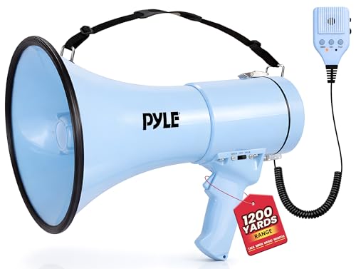 50W Blue Megaphone Bullhorn with Siren, AUX Input & Adjustable Volume