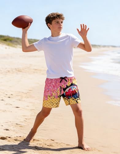 Idgreatim Boys Swim Trunks with Compression Liner - Pink Ice Cream Drip Football, 10-13 Years