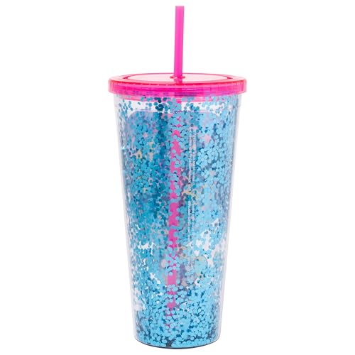 Silver Buffalo The Powerpuff Girls Featuring Blossom, Bubbles, and Buttercup Plastic Confetti Cold Cup with Lid and Straw, 32 Ounces
