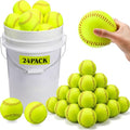 12-Inch Practice Softballs Set with Bucket - Yellow Leather Cover, Fastpitch & Slowpitch, 24 Balls