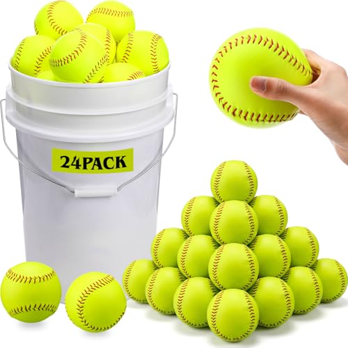 12-Inch Practice Softballs Set with Bucket - Yellow Leather Cover, Fastpitch & Slowpitch, 24 Balls