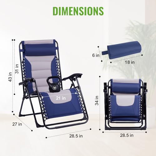 Cream/Navy Deluxe XL Padded Zero Gravity Recliner Chair with Side Tray - Outdoor Lounger