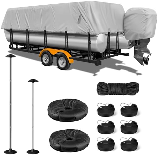 YimSting 1200D Waterproof Pontoon Boat Cover 21-24ft Gray with Support Poles