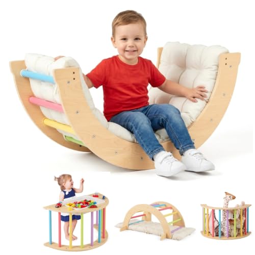 Costzon Multicolor Wooden Rocking Climbing Arch for Kids with Cushion & Storage